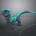 3D Horned Fantasy Creature With Green Blue Stripes And Sharp Teeth