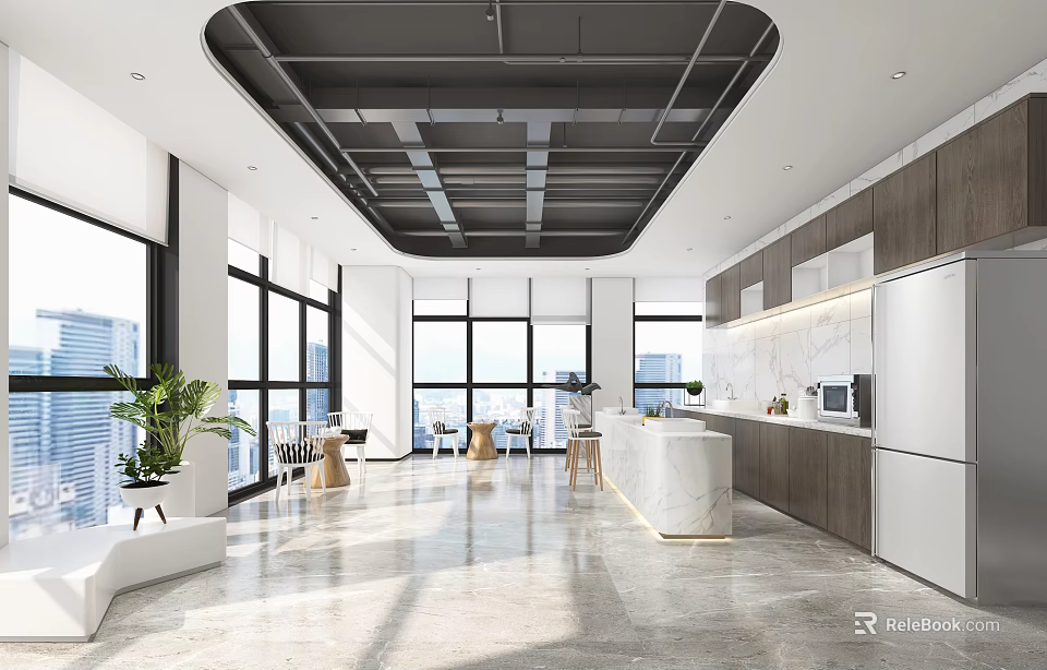 Bright Modern Pantry Interior Design With Large Windows Marble Countertop Cabinets And Green Plants 3d model 