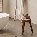 Bathroom Interior With White Bathtub Wooden Stool Towel Rack And Toiletries
