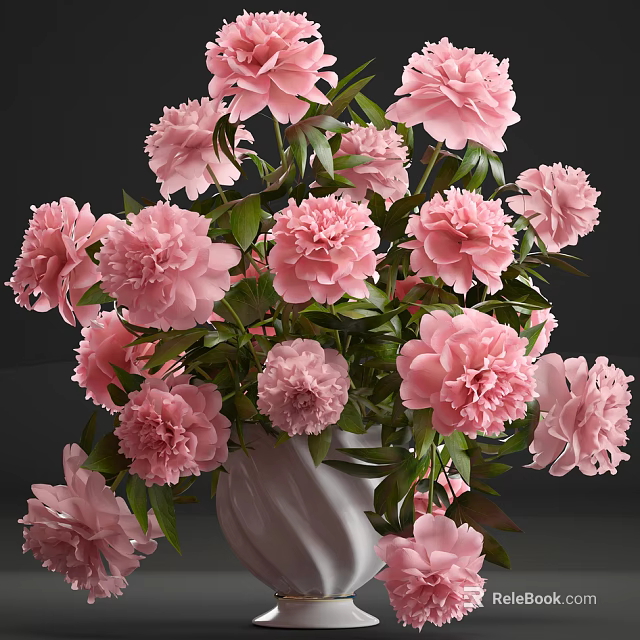Elegant Pink Peonies Blooming In White Ceramic Vase With Green Leaves 3d model 