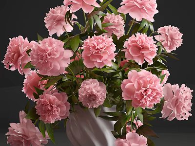 Elegant Pink Peonies Blooming In White Ceramic Vase With Green Leaves 3d model