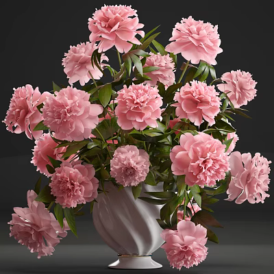 Elegant Pink Peonies Blooming In White Ceramic Vase With Green Leaves 3d model