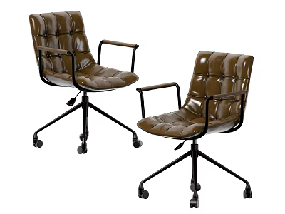 Brown Leather Office Chairs with Armrests Diamond Stitch Design Swivel Wheels and Black Metal Base 3d model