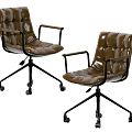 Brown Leather Office Chairs with Armrests Diamond Stitch Design Swivel Wheels and Black Metal Base