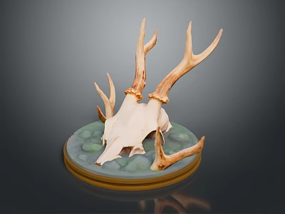 Detailed Deer Skull Antler Sculpture With Green Base And Artistic Design 3d model