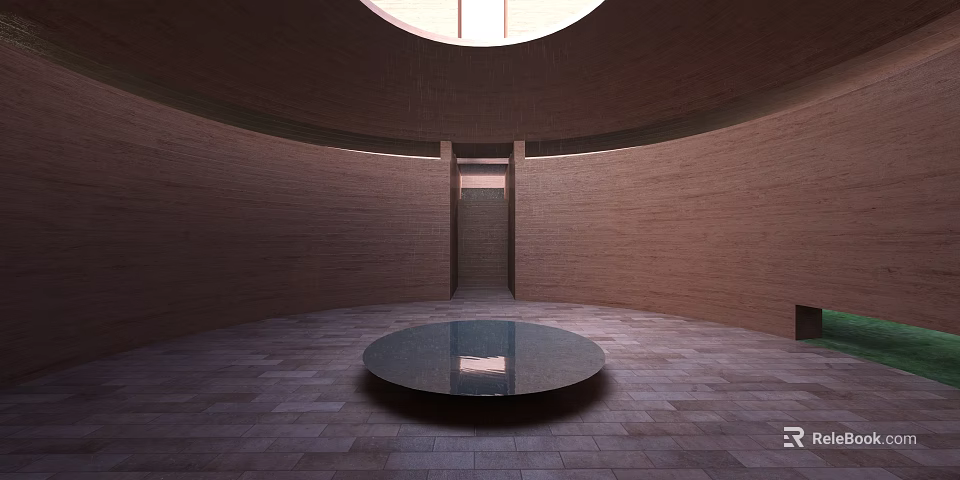 Interior View of Circular Dome Structure with Brick Walls Circular Floor and Central Black Table 3d model 