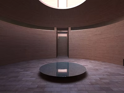 Interior View of Circular Dome Structure with Brick Walls Circular Floor and Central Black Table 3d model