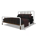 Modern Double Bed With White Metal Frame And Dark Wooden Slats And Black Pillows