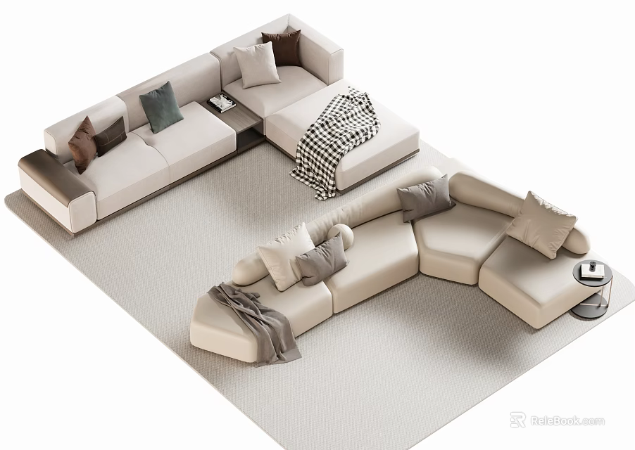 Beige Sectional Fabric Sofa With Multiple Cushions And Throw Blanket In Living Room 3d model 