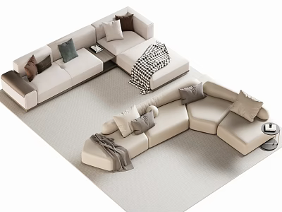 Beige Sectional Fabric Sofa With Multiple Cushions And Throw Blanket In Living Room 3d model