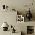 Stylish Decorative Ornament Set with Black Vase Photo Frames on White Display Shelf Beige Wall