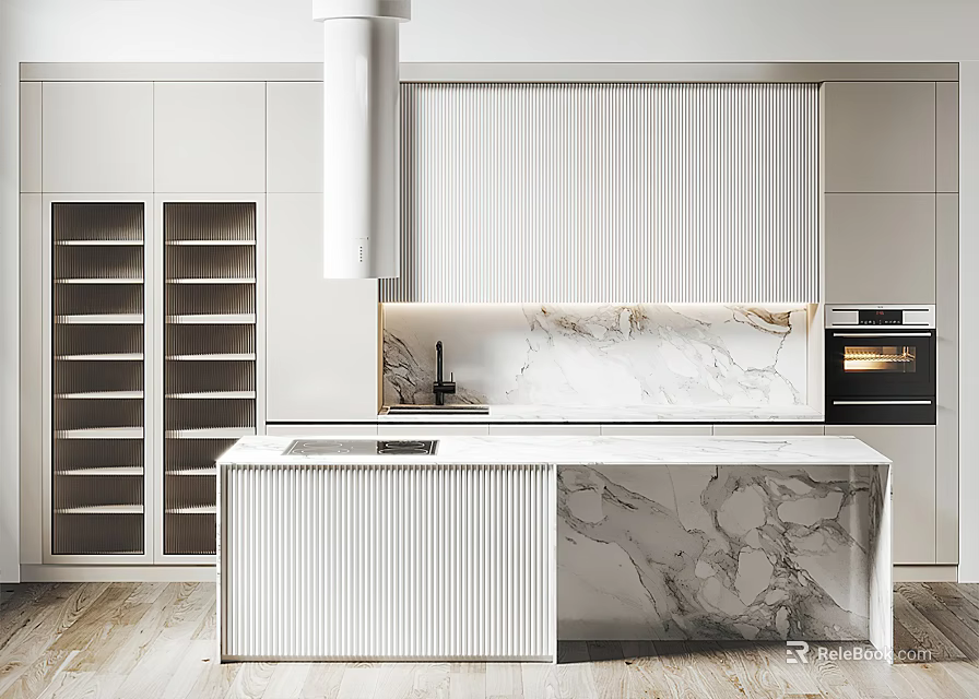 Modern Kitchen Interior Featuring White Cabinets Marble Countertop Island And Oven 3d model 