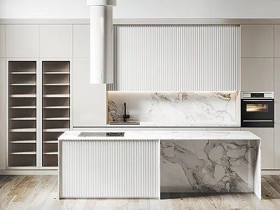 Modern Kitchen Interior Featuring White Cabinets Marble Countertop Island And Oven 3d model