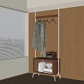 Cozy Modern Interior With Wooden Cabinets Clothes Rack Window Blinds Small Table Radio Books
