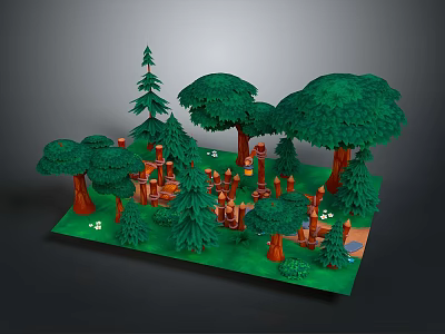 Enchanted Forest Scene With Pine Trees Broadleaf Trees Wooden Structures And Lanterns 3d model