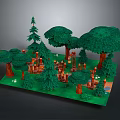 Enchanted Forest Scene With Pine Trees Broadleaf Trees Wooden Structures And Lanterns