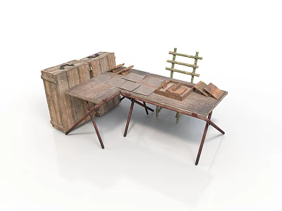 Rustic Wooden Folding Table With Vintage Trunk And Wooden Planks 3d model