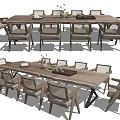 Minimalist Wooden Dining Table Set with 8 Chairs and Decorative Vases on Top