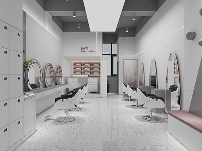 Modern Hair Salon Interior With White Cabinets Mirrors And Black Salon Chairs 3d model