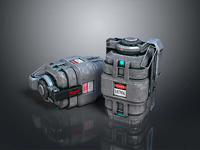 Two Tactical Military Explosive Weapon Units With Metallic Surface Warning Labels And Indicator Lights 3d model