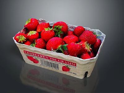 Ripe Fresh Juicy Red Strawberries with Green Leaves in Paper Carton 3d model
