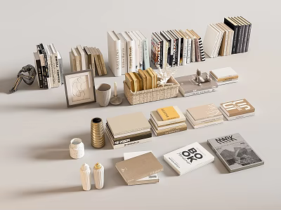 Stylish Books and Magazines with Baskets Photo Frames Mugs and Decorative Candles 3d model