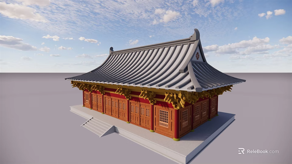 Ancient Chinese Architecture With Traditional Gray Tiled Roof Overhanging Eaves And Red Wooden Doors 3d model 