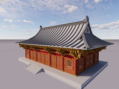 Ancient Chinese Architecture With Traditional Gray Tiled Roof Overhanging Eaves And Red Wooden Doors 3d model