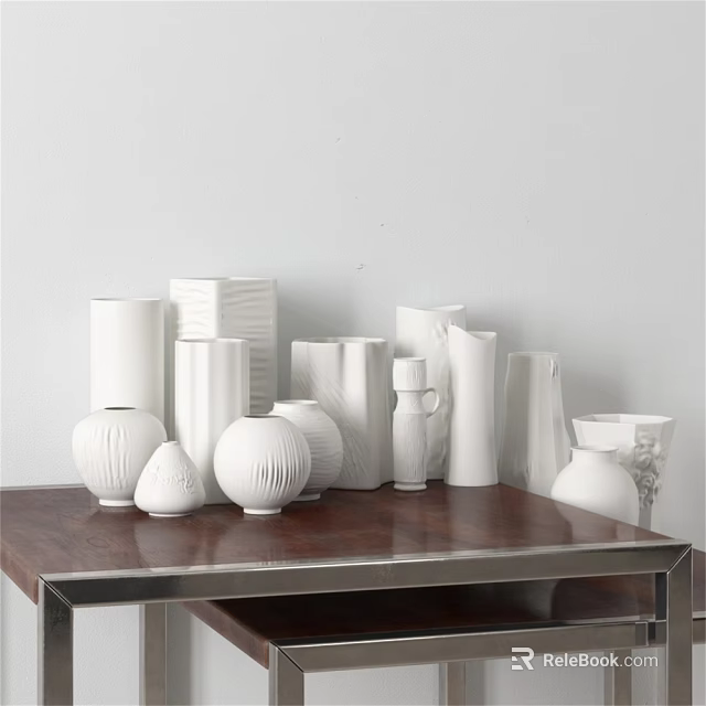 White Ceramic Vessels in Various Shapes Displayed on Wooden Table with White Wall Background 3d model 