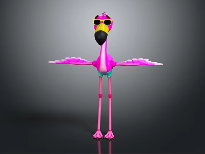 Cartoon Pink Flamingo Character Wearing Yellow Sunglasses And Blue Shorts With Spread Wings 3d model