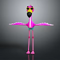Cartoon Pink Flamingo Character Wearing Yellow Sunglasses And Blue Shorts With Spread Wings