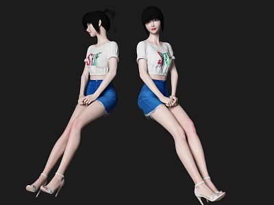 Woman Sitting On Floor With White T-shirt Blue Shorts And High Heels Black Background 3d model