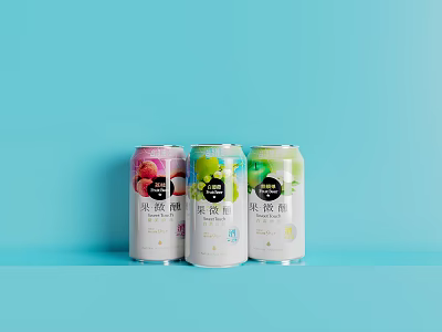Three Vibrant Probiotic Drink Cans with Lactic Acid Bacteria on Blue Background 3d model