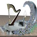 Stunning Harp Display With Blue Floral Wreath Ice Sculpture Seat And Night Building Lighting