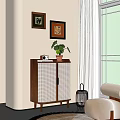 Stylish Modern Entryway Sideboard Cabinet With Rattan Doors Wooden Frame And Potted Plant Decor