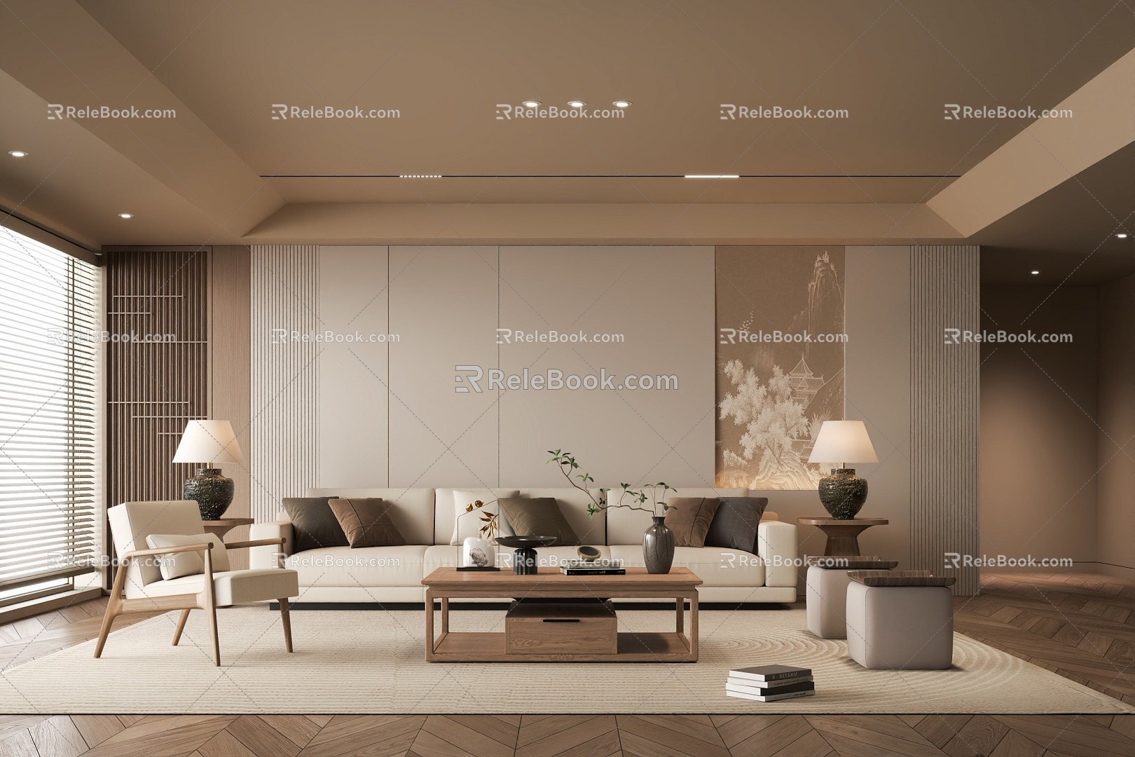 New Chinese Zen Style Living Room New Chinese Song Style Living Room Zen Style Living Room Sofa Coffee Table Combination 3d model