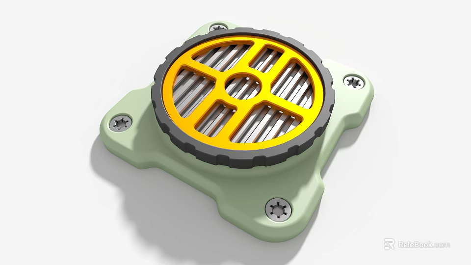 Industrial Equipment Component With Green Base Four Screws And Yellow Circular Grille 3d model 