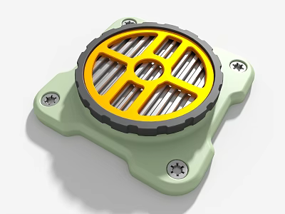 Industrial Equipment Component With Green Base Four Screws And Yellow Circular Grille 3d model