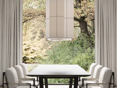 Elegant Dining Table Set With Chairs Pendant Light Light Curtains And Green Trees Outside 3d model