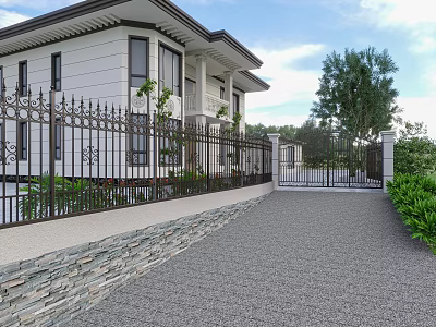 White Detached Villa Exterior Featuring Wrought Iron Fence Stone Wall Paved Driveway And Green Plants 3d model