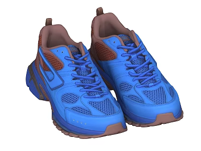 Blue Sports Shoes with Mesh Upper Lace Up Closure Brown Rubber Sole and Orange Accents 3d model