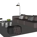 Brown Leather Sofa and Coffee Table Set with Decorative Pillows Marble Top and Green Plants