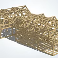 Wooden House Frame Construction with Multiple Roof Structures and Wooden Beams