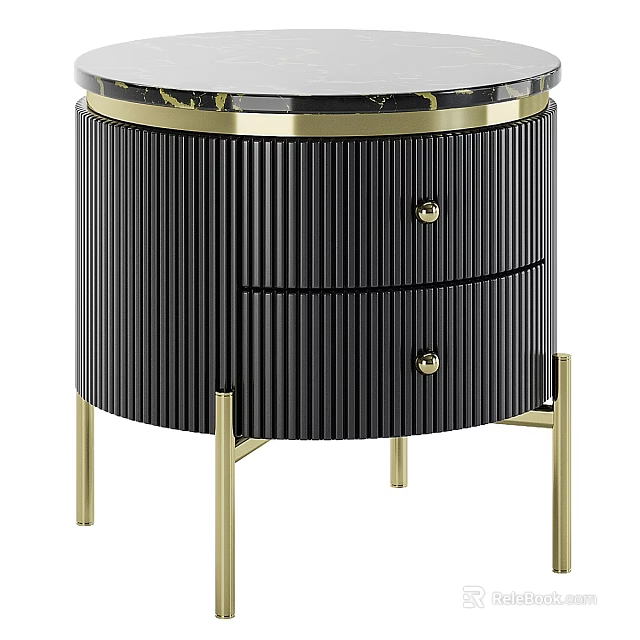 Round Dark Chest of Drawers with Vertical Striped Design Marble Top and Gold Metal Legs 3d model 