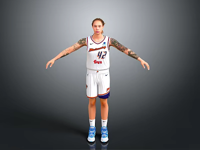 Man With Tattooed Arms In White Basketball Jersey Number 92 Standing Arms Outstretched Gray Background 3d model