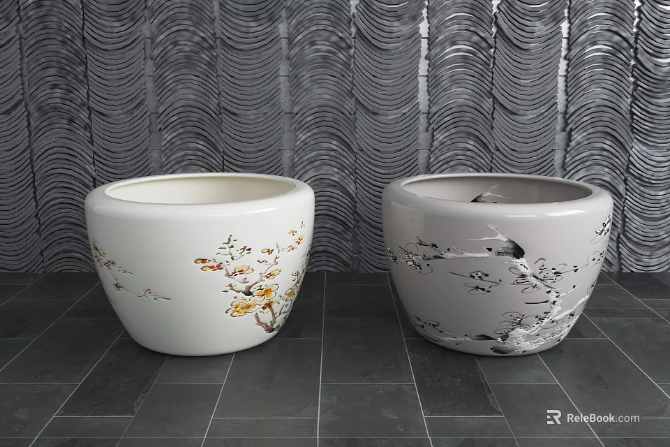 White Ceramic Vessels With Floral And Bird Patterns On Grey Textured Background 3d model 