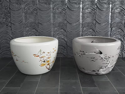 White Ceramic Vessels With Floral And Bird Patterns On Grey Textured Background 3d model