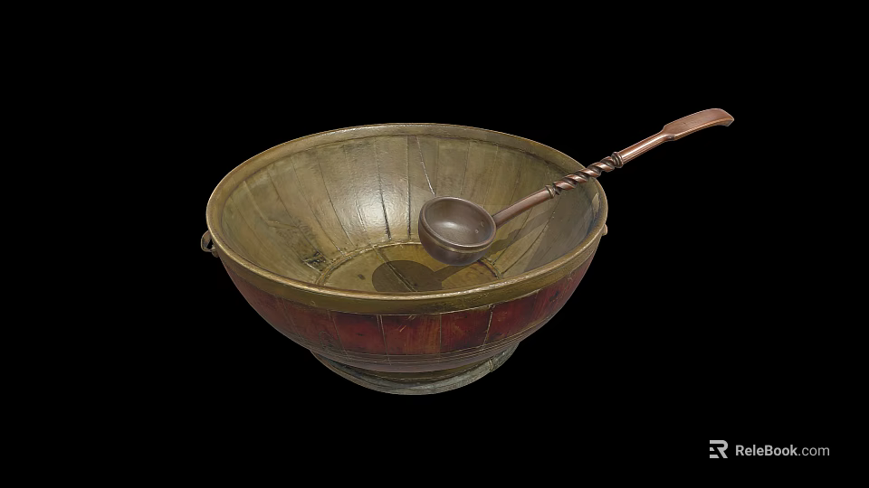 Vintage Brass Bowl With Wooden Handle Spoon Classic Tableware Set Design 3d model 