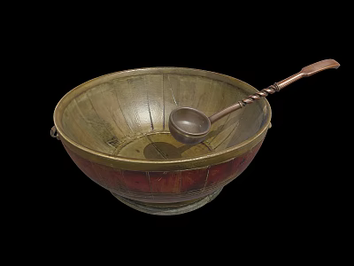 Vintage Brass Bowl With Wooden Handle Spoon Classic Tableware Set Design 3d model