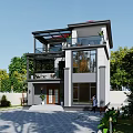 Modern Two Story Detached Villa With Large Glass Windows Balcony And Courtyard Greenery